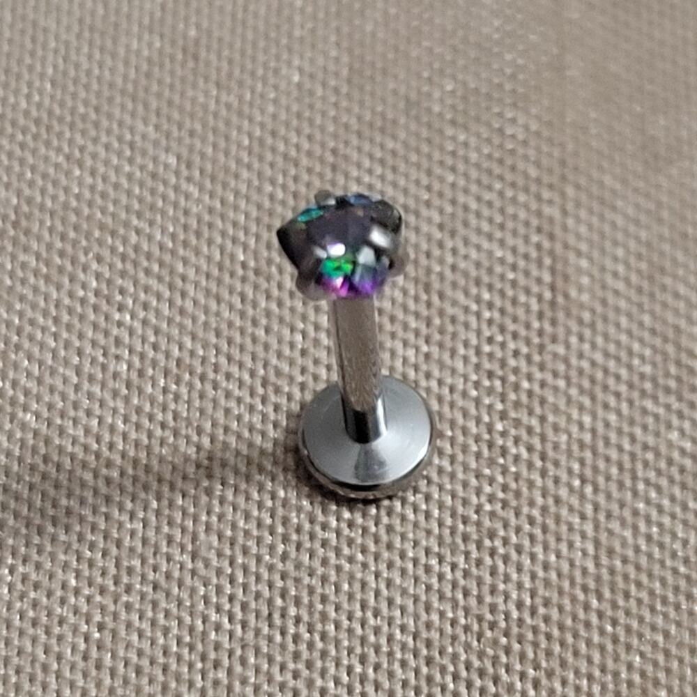 Two 16G 8mm colorful crystal labret snake bite lip piercings, push fit, steel